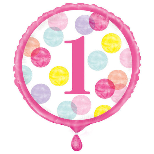 Pink Dots 1st Birthday Round Foil Balloon 18