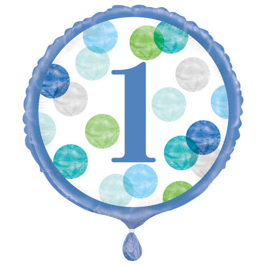 Blue Dots 1st Birthday Round Foil Balloon 18