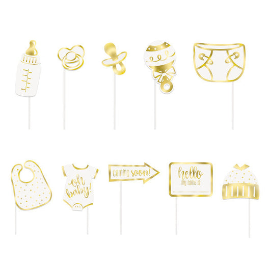 Gold Baby Shower Photo Booth Props, 10pc - Foil Stamping