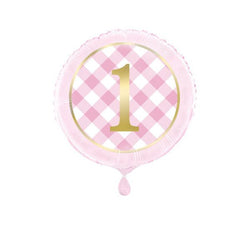 Pink Gingham 1st Birthday Round Foil Balloon 18