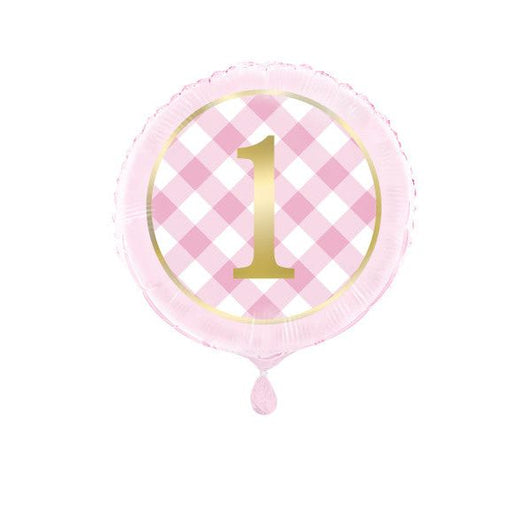 Pink Gingham 1st Birthday Round Foil Balloon 18