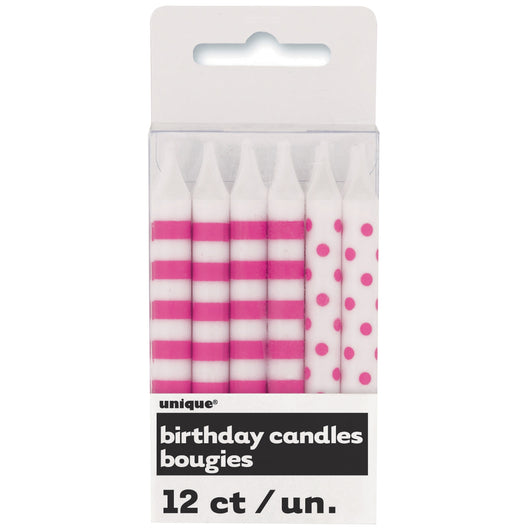Hot Pink Stripes & Dots Birthday Candles, 12ct