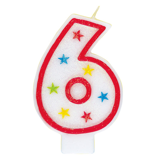 Number 6 Glitter Birthday Candle with Cake Decoration