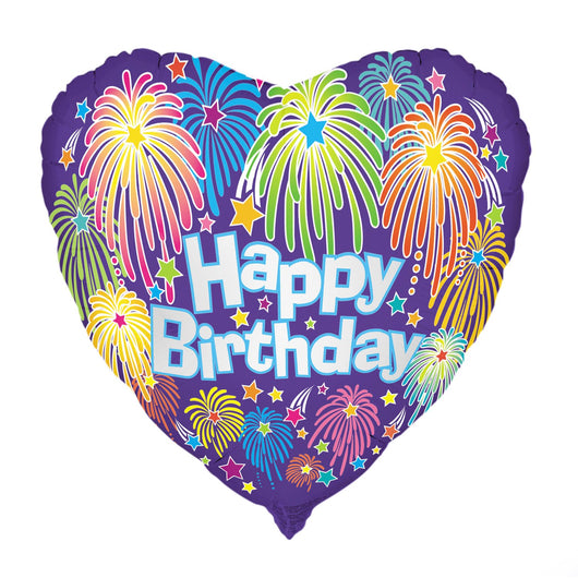Heart Birthday Fireworks Round Foil Balloon 18