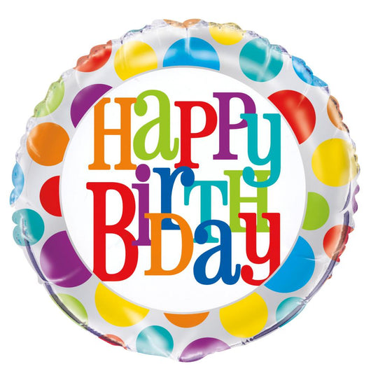 Rainbow Polka Dot Happy Birthday Round Foil Balloon 18