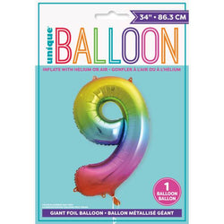 Rainbow Number 9 Shaped Foil Balloon 34