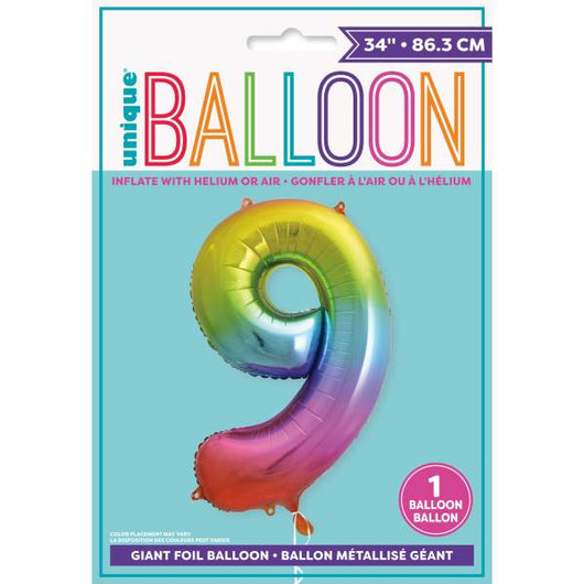 Rainbow Number 9 Shaped Foil Balloon 34