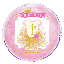 Pink & Gold First Birthday Round Foil Balloon 18