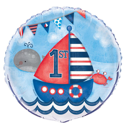 Little Sailor Nautical First Birthday Round Foil Balloon 18