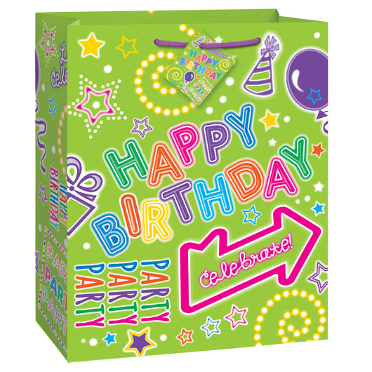 Green Neon Happy Birthday Large Gift Bag