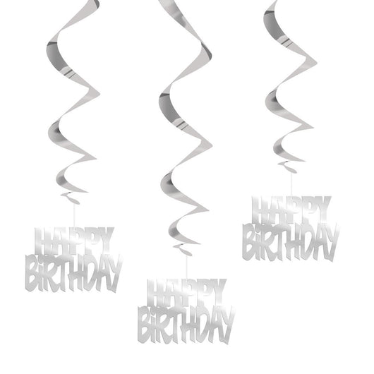Happy Birthday Silver Foil Hanging Swirl Decorations, 32