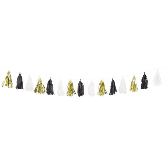 Gold, Black and White Tissue Tassel Garland, 9 ft