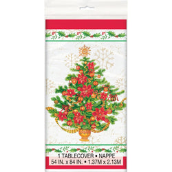 Festive Poinsettia Christmas Rectangular Plastic Table Cover, 54