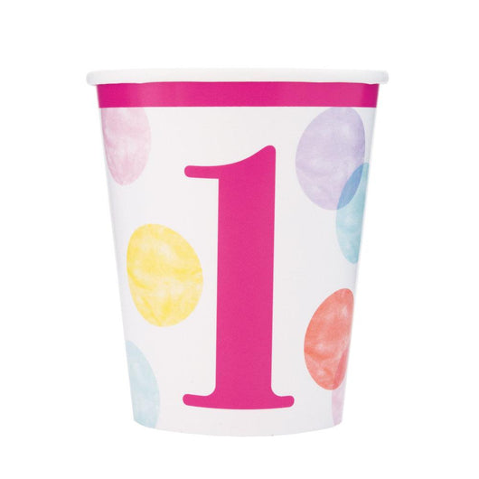Pink Dots 1st Birthday 9oz Paper Cups, 8ct