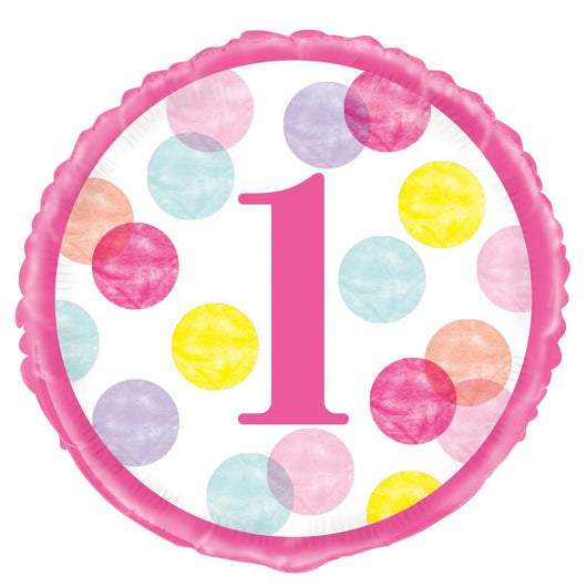 Pink Dots 1st Birthday Round Foil Balloon 18