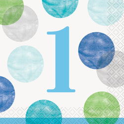 Blue Dots 1st Birthday Beverage Napkins, 16ct