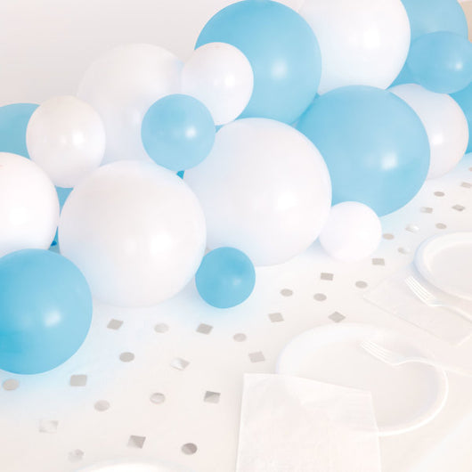 Blue, White & Silver Balloon Garland Table Runner with Foil Confetti Cutouts