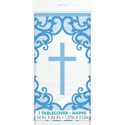 Fancy Blue Cross Rectangular Plastic Table Cover, 54