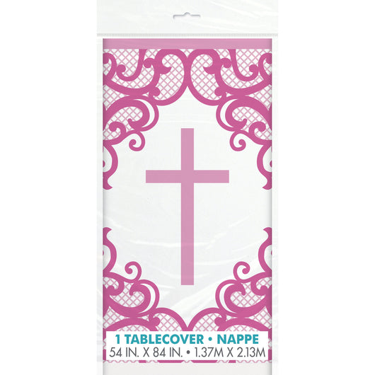 Fancy Pink Cross Rectangular Plastic Table Cover, 54