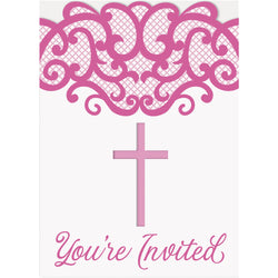 Fancy Pink Cross Invitations, 8ct
