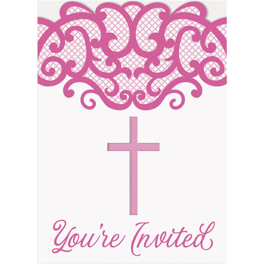 Fancy Pink Cross Invitations, 8ct
