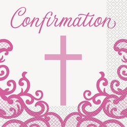Fancy Pink Cross Confirmation Luncheon Napkins, 16ct
