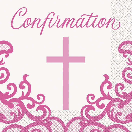 Fancy Pink Cross Confirmation Luncheon Napkins, 16ct